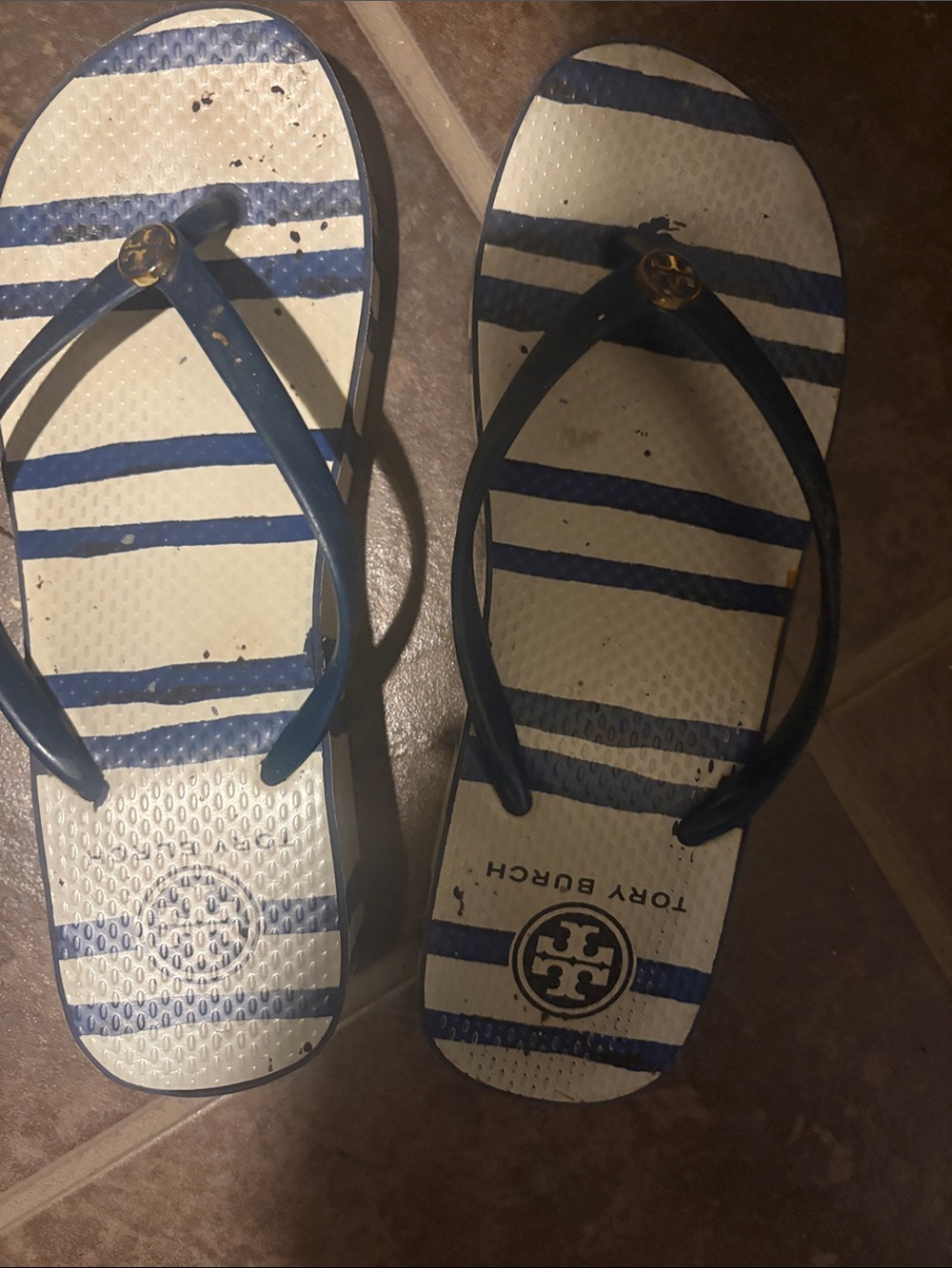 Tory Burch Navy and White Striped Logo Flip Flops